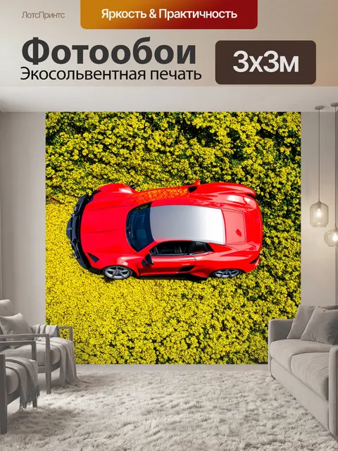 Фотообои спортивная машина на фоне весеннего цветника, вид сверху