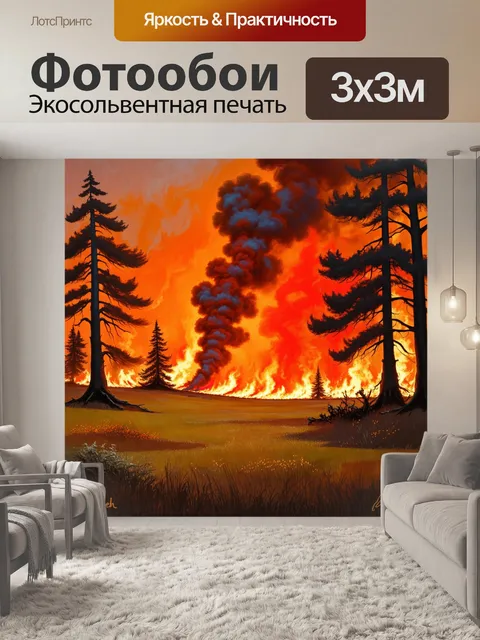 Фотообои великолепная сцена лесного пожара с полыхающими деревьями и клубами густого дыма