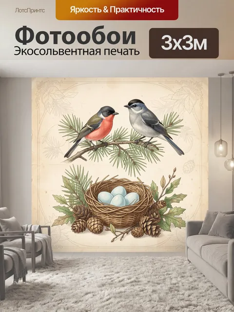 Фотообои Птицы на ветке и гнездо