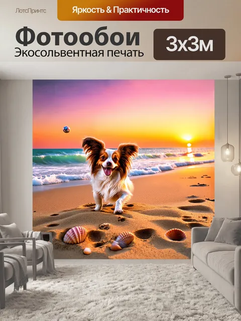 Фотообои папильон, радостно играющий на песчаном пляже, его шерсть обдувает лёгкий ветер