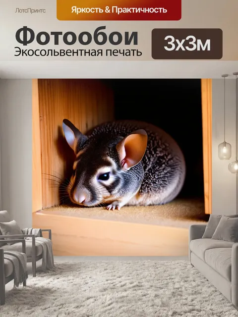 Фотообои тихий вечер, когда шиншилла, свернувшись калачиком, спит в уютном домике из дерева, окруженном мягким светом