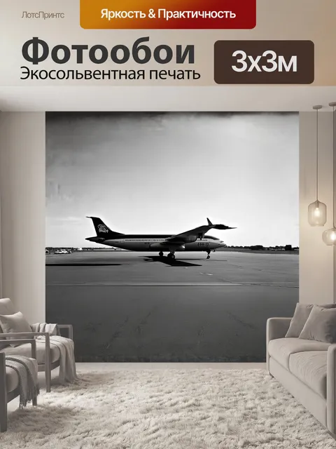 Фотообои черно-белое фотографическое изображение самолета на взлетно-посадочной полосе
