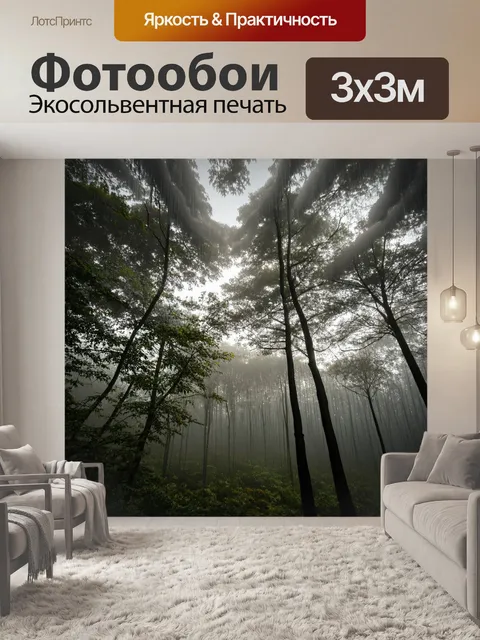 Фотообои туман в стиле капельное искусство, верхушки деревьев в тумане, тепло солнечных лучей и капли света