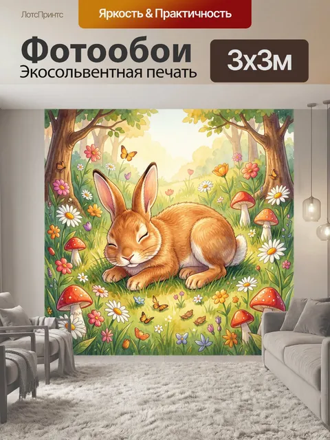 Фотообои Рыжий кролик в саду цветов