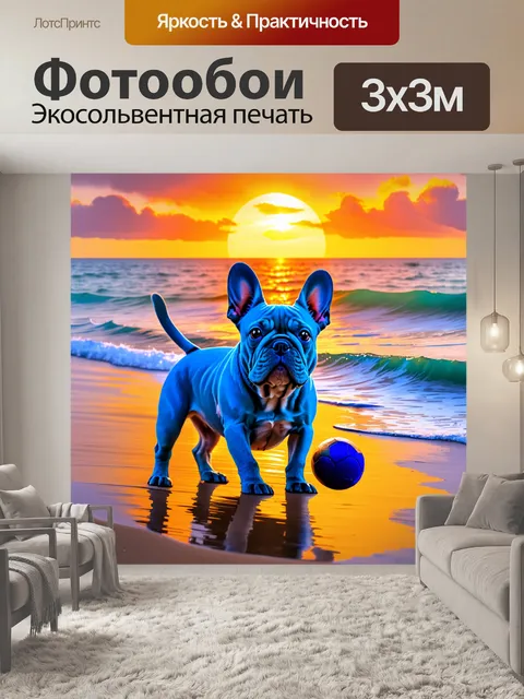 Фотообои синий французский бульдог, играющий с мячом на берегу океана, с захватывающим закатом на фоне