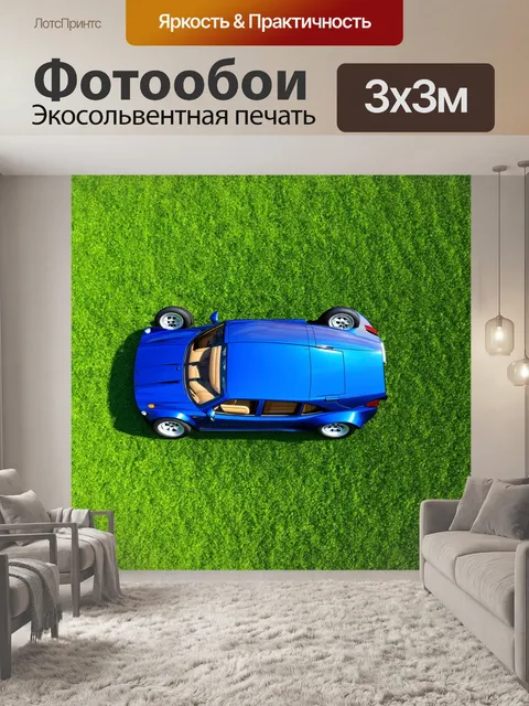 Фотообои спортивная машина на фоне поля с зелеными травами, вид сверху, со светлым небом