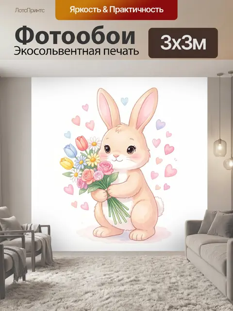 Фотообои Кролик с букетом и сердцами