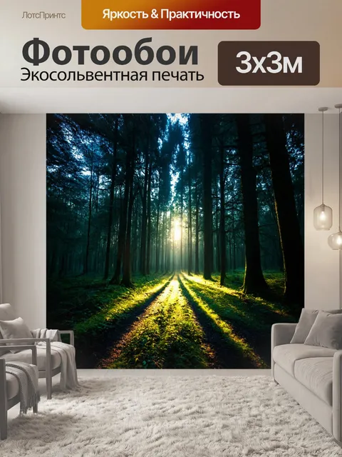 Фотообои ночь в стиле текстуры, тёмный лес с ярким светом в глубине