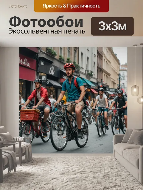 Фотообои город оживленные улицы с велосипедистами и уличными артистами