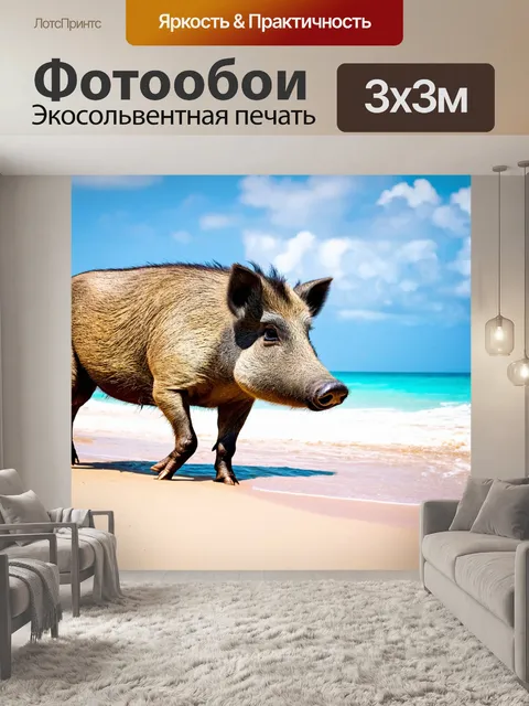Фотообои кабан, исследующий тропический пляж