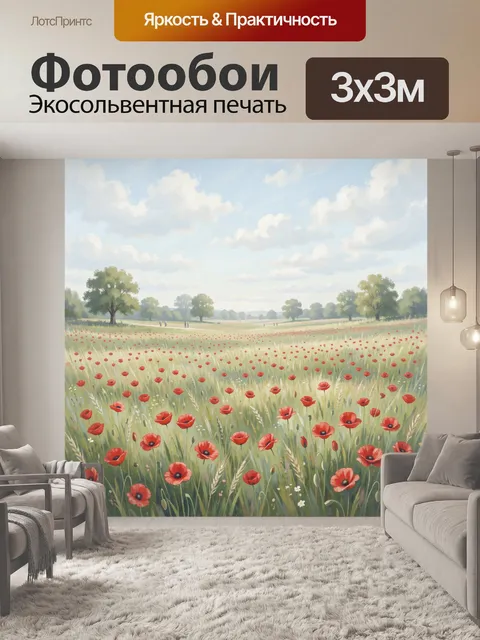Фотообои Маковый луг под облачным небом