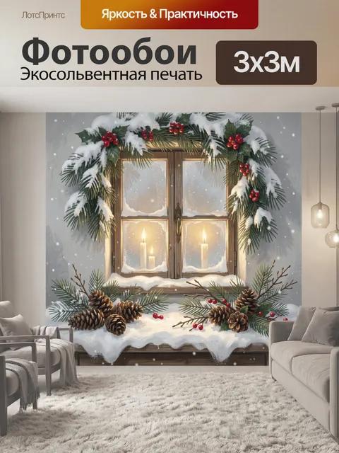 Фотообои Зимнее окно с еловым декором