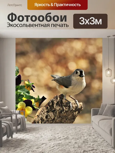 Фотообои Хохлатая синица и анютины глазки