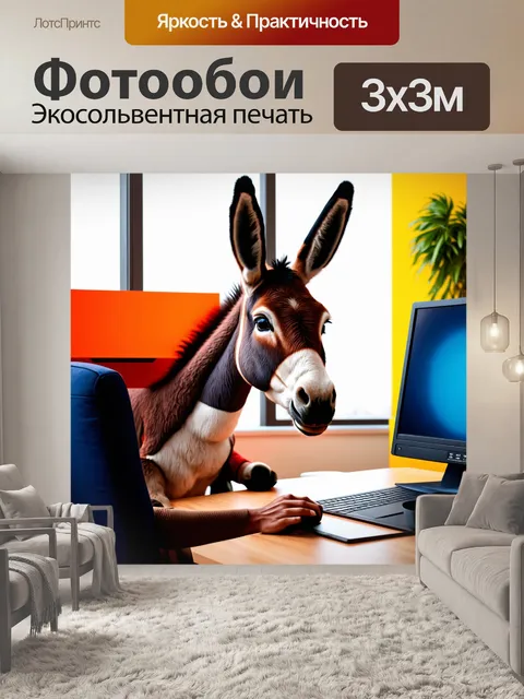 Фотообои смешной осел, работающий за компьютером в домашнем офисе, в стиле авангард, яркие абстрактные формы