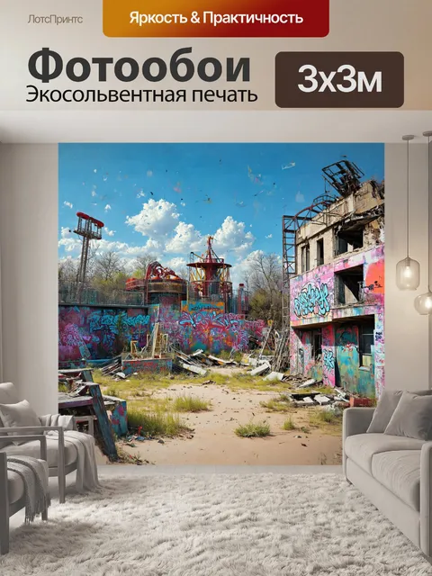 Фотообои разоренный amusement park с выброшенными аттракционами и обветшалыми постройками служит фоном для…