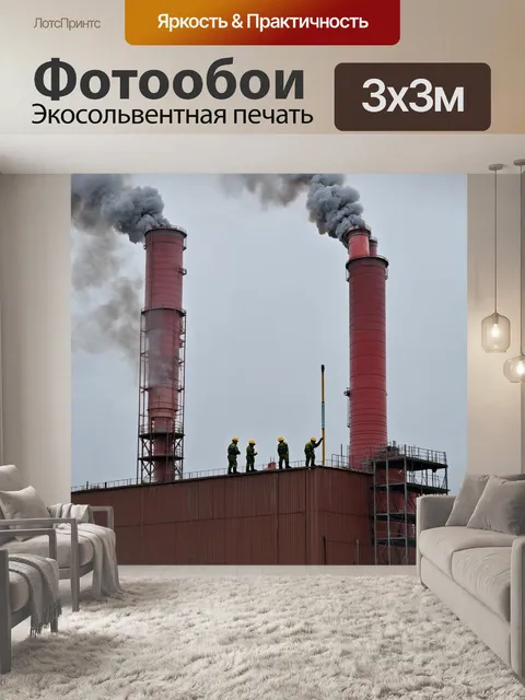 Фотообои ссср, индустриальный город, дымящиеся трубы заводов, рабочие в форме, строящие новое здание, небо…
