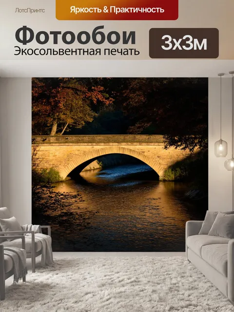 Фотообои утро, старинный мост через реку в утреннем светилу, темные силуэты деревьев отражаются в водах