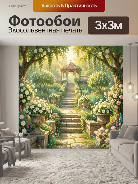 Фотообои Цветущий сад с беседкой
