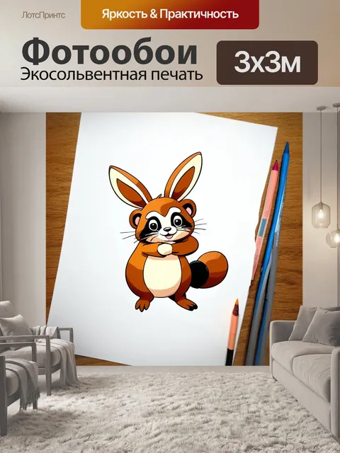 Фотообои на белом листе бумаги лежит нарисованный в стиле cartoon хорёк, обнимающий забавного зайца