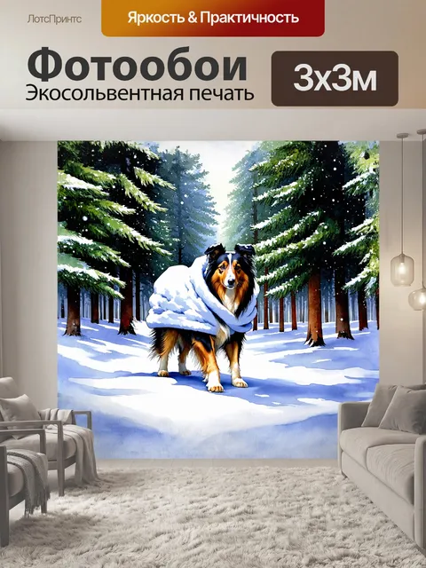 Фотообои в зимнем лесу колли, завернутый в снежный покров, уверенно шагает среди крупных елей