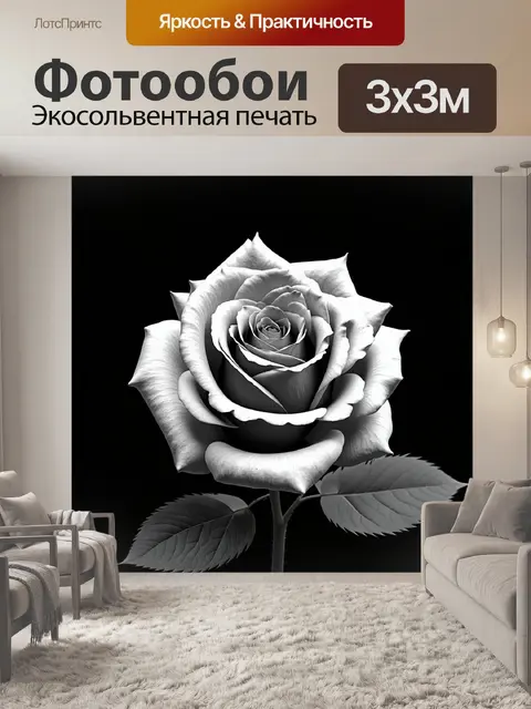 Фотообои розы в стиле черно-белый, с элементами реализма, детализированными листьями и стеблями