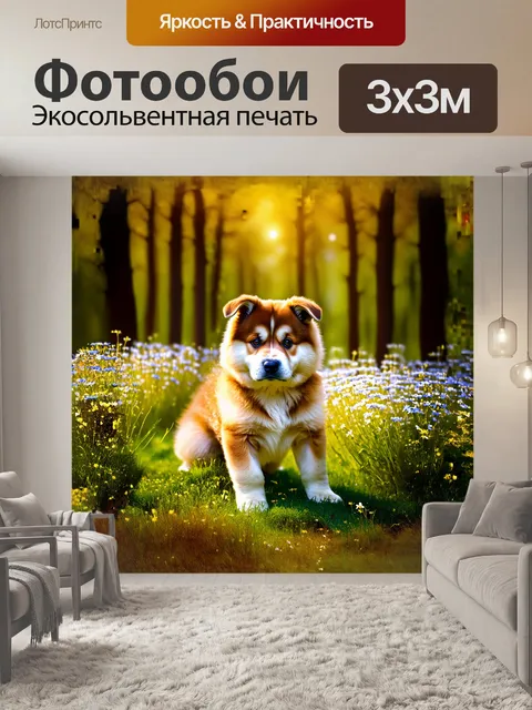 Фотообои в мягком солнечном свете утреннего леса, щенок американской акиты позирует на фоне цветущих полевых цветов