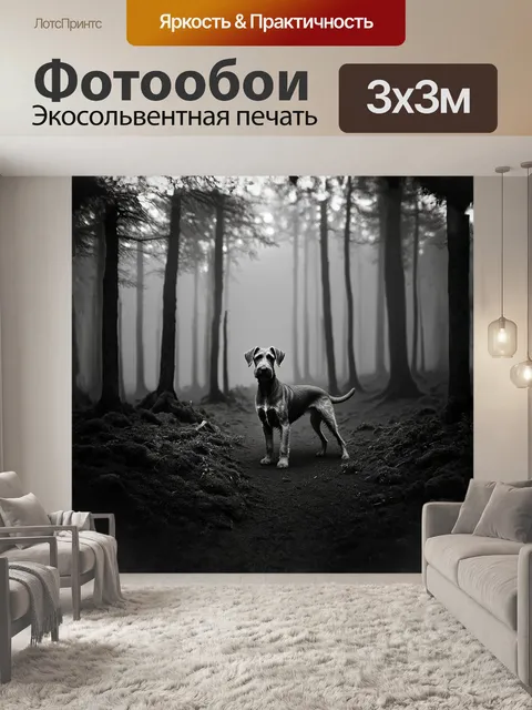 Фотообои ирландский терьер, выходящий из густого тумана в лесу, его загадочный вид рисует образ встретившегося духа…