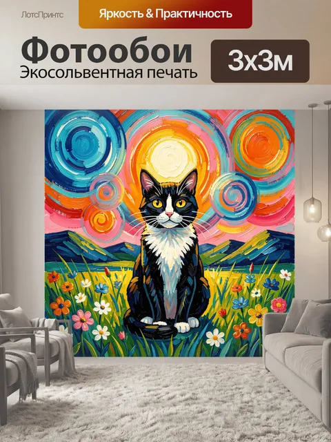 Фотообои Черно-белый кот в цветочном поле