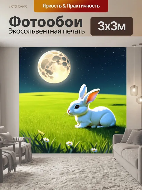 Фотообои сцена с нежным зайцем, исследующим вечное зеленое поле под светом луны