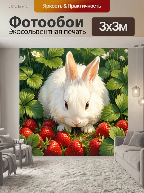 Фотообои Белый кролик среди клубники