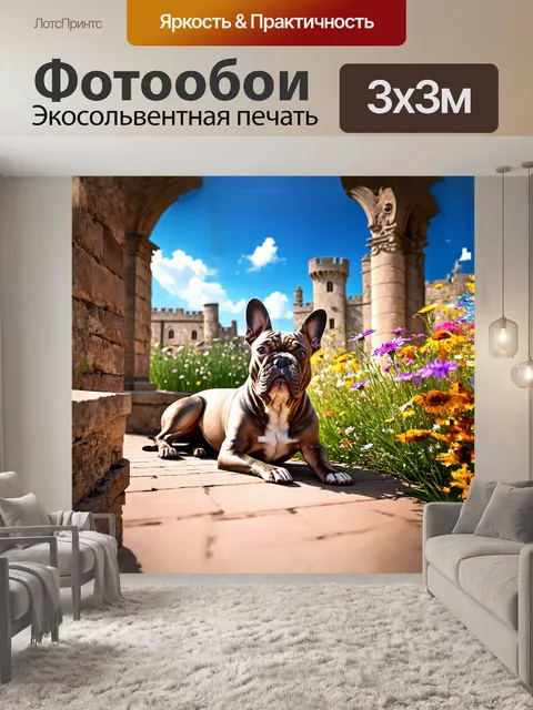 Фотообои грациозный французский бульдог, лежащий на террасе старинного замка, окруженного яркими полевыми цветами