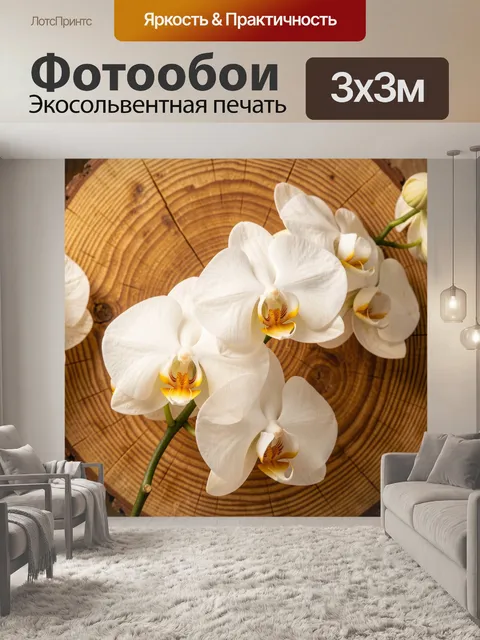 Фотообои Белые орхидеи на срезе дерева
