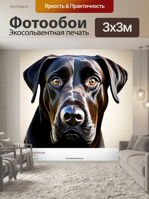 Фотообои изображение крупным планом головы черного лабрадора ретривера, смотрящего в объектив с загадочным выражением