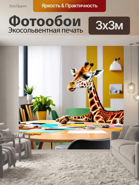 Фотообои забавный жираф, работающий дизайнером интерьеров, создающий макеты с помощью различных материалов на столе