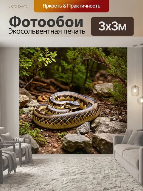 Фотообои гремучая змея, спрятавшаяся среди камней и кустарников в лесу, ее чешуя сливается с окружающей средой