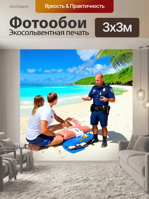 Фотообои фельдшер, обучающий оказанию первой помощи на пляже среди отдыхающих, окруженный настоящими морскими…