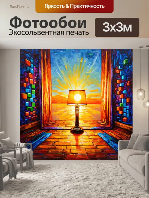 Фотообои закатный пейзаж, где тетрисные блоки выстраиваются в абстрактные формы вокруг напольной лампы, выполненной в…