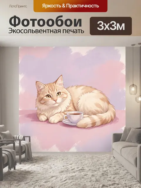 Фотообои Пушистый кот с чашкой кофе
