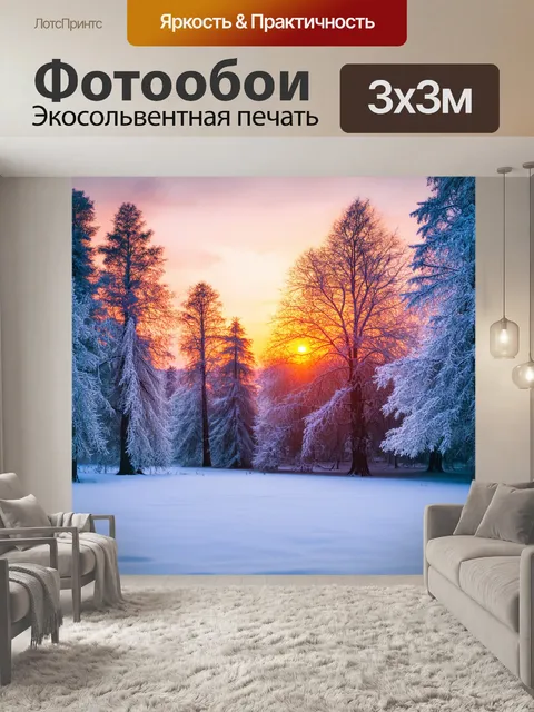 Фотообои закат в заснеженном лесу, деревья покрыты инеем, нежное мерцание, свет идет из-за горизонта