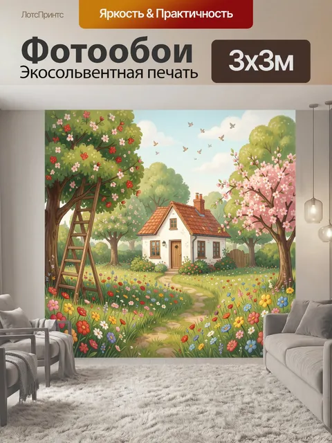 Фотообои Цветущий сад у домика