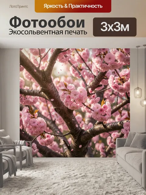 Фотообои Изображение крупного плана цветущего дерева сакуры с густыми розовыми цветами на темных ветвях
