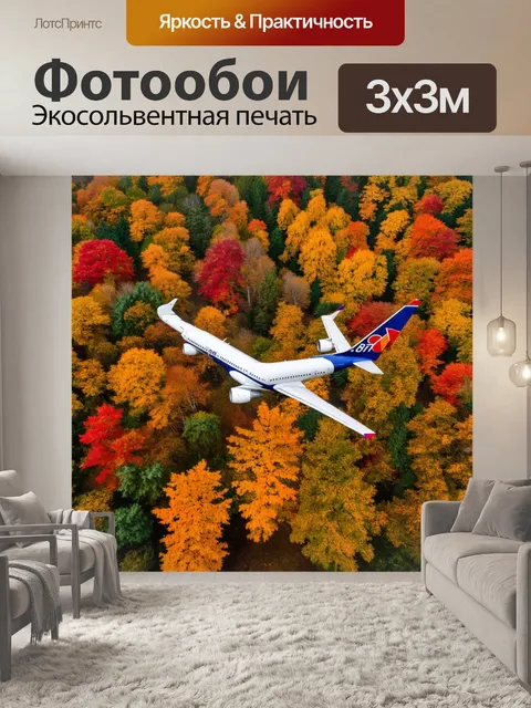 Фотообои самолет, летящий над яркими осенними лесами, с золотыми и красными листьями