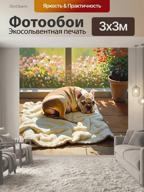 Фотообои спокойное утро на террасе, где французский бульдог мирно дремлет на пледе