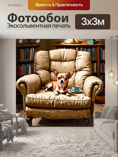Фотообои маленький чихуахуа, лежащий на большом мягком кресле, окруженный книгами и чашкой чая