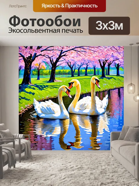 Фотообои лебеди в парке среди цветущих сакур, они образуют идеальную пару, отражаясь в озере