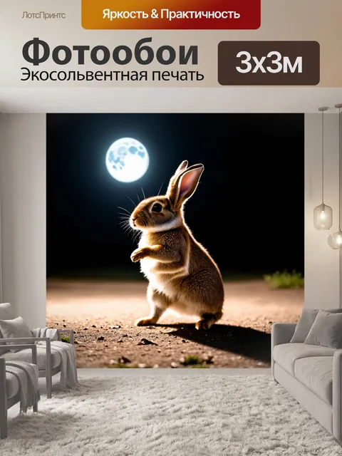 Фотообои кролик, стоящий на задних лапках, любопытно смотрит на яркую лунную ночь, его тень отчетливо видна на земле