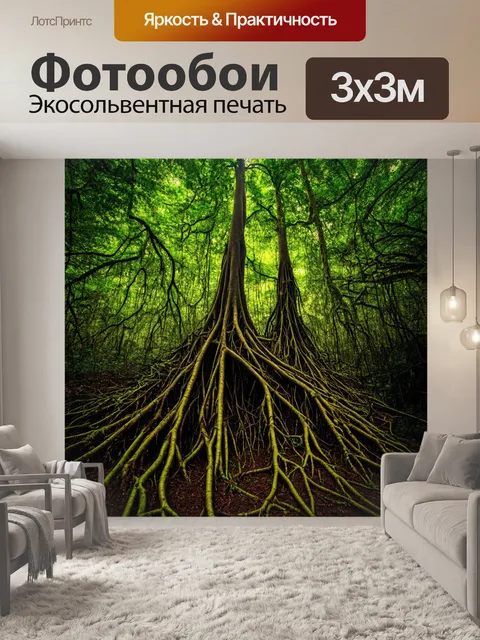 Фотообои таинственный лес с обширными корнями и лианами, переплетающимися вокруг