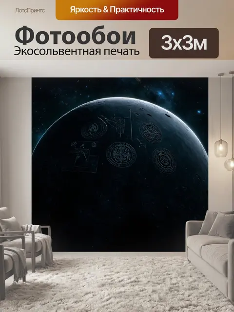Фотообои космос в стиле тёмное фэнтези, с древними знаками, отражающимися на поверхности черных планет