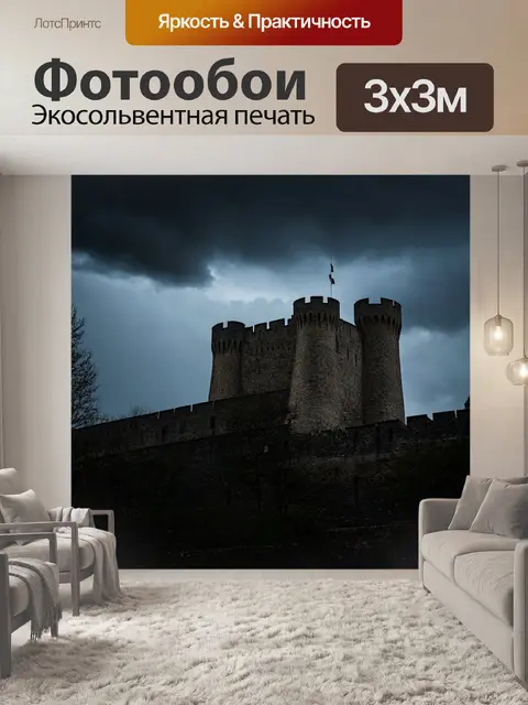 Фотообои темный фон, на котором крепость обнята мрачным небом, где резкость деталей создает ощущение величия и силы