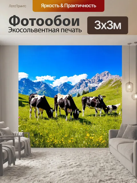 Фотообои в горах, где воздух свеж и прозрачен, небольшая группа черно-белых коров пасется на высокой траве среди…